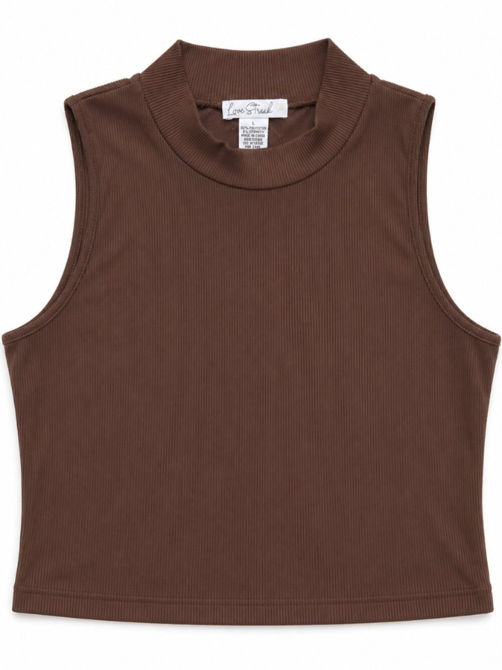 Brown Ribbed Mock Neck Sleeveless Crop Top | Love Streak | Size Large